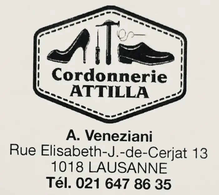 Logo Cordonnerie ATTILLA, A. Veneziani, Rue Elisabeth-Jeanne-de-Cerjat 13, 1018 Lausanne, Tél. 021 647 86 35. Badge hexagonal noir avec illustration d'un escarpin, d'un marteau et d'une chaussure d'homme.
