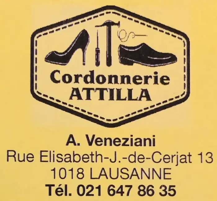 Logo Cordonnerie Attilla sur fond jaune.