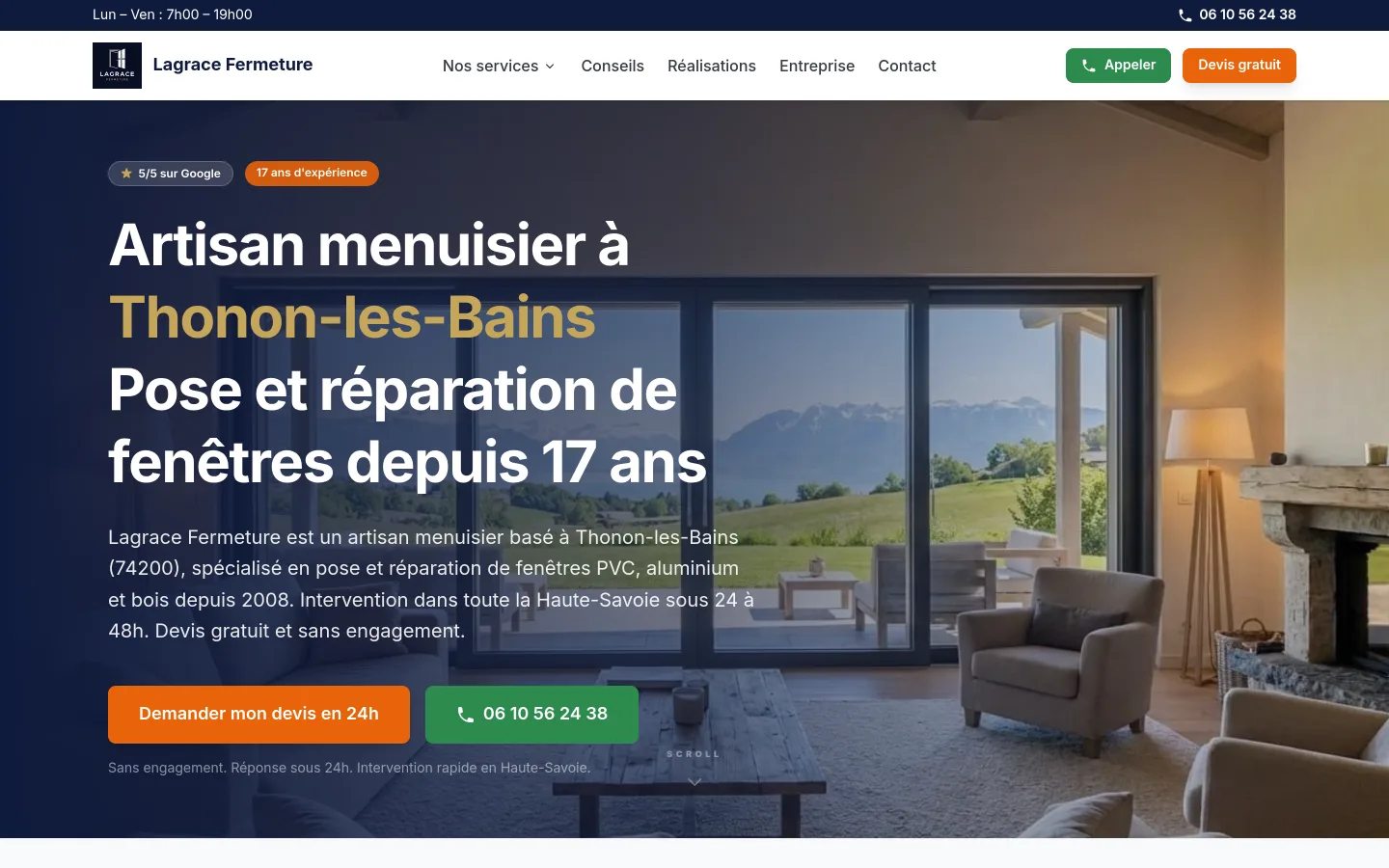 Site web de Lagrace Fermeture, menuisier à Thonon-les-Bains : page d'accueil avec photo d'un salon avec vue sur les montagnes, titre Artisan menuisier à Thonon-les-Bains, boutons demande de devis et appel.